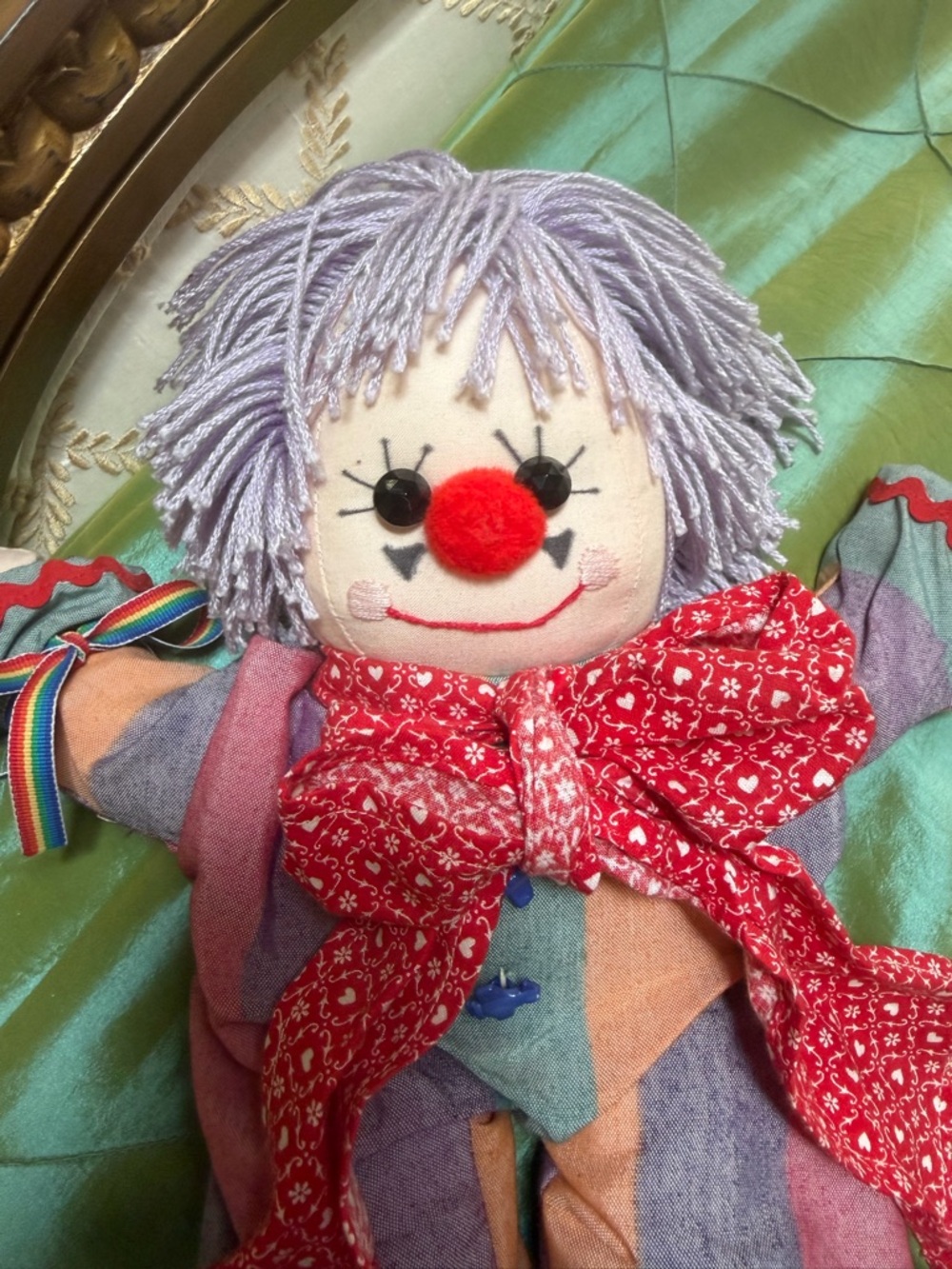 Vintage Plush Clown with Lavender Yarn Hair and Red Scarf